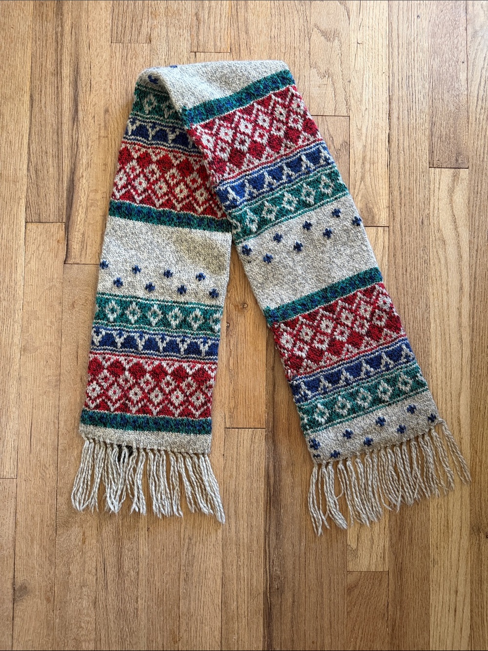 Eddie Bauer Wool Fair Isle Knit Fringe Scarf in Cream, Red, Green, Blue